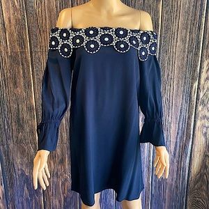 LOFT size XSP petite navy blue and white floral embroidered strapless dress